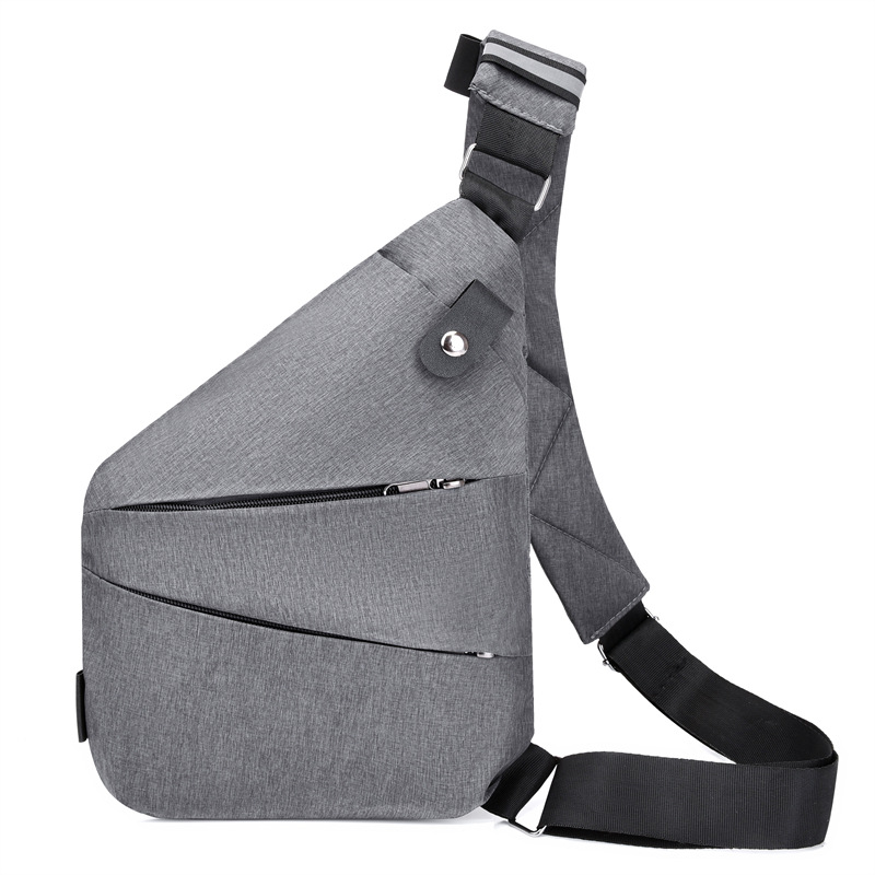 Graue, diebstahlsichere Schultertasche für Herren, ideal für Reisen und Business, mit Sicherheitsgurt.