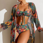 Damen-Bikini-Set mit Blumenmuster, hohe Taille, Mesh-Bluse, langärmelig, bunt.