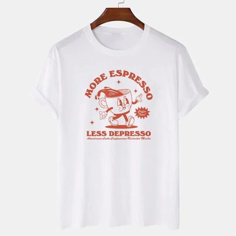 Weißes T-Shirt mit rotem Aufdruck "More Espresso Less Depresso", Cartoon-Kaffeetasse, lustiges Design, Baumwolle, Unisex, modisch.