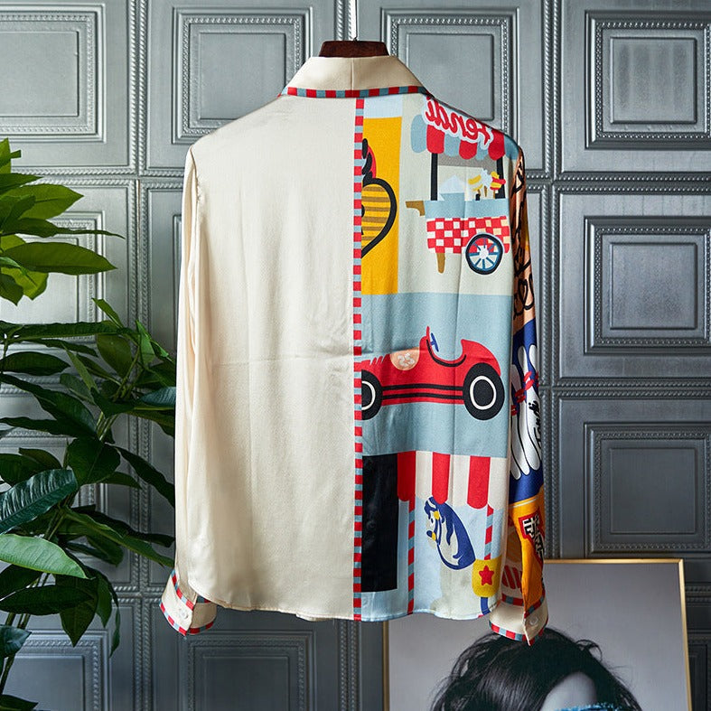 Bunte Hemdbluse mit Retro-Autodruck, langärmelig, einzigartiges Design, ideal für modische Outfits, auffälliger Stil, hochwertige Materialien.