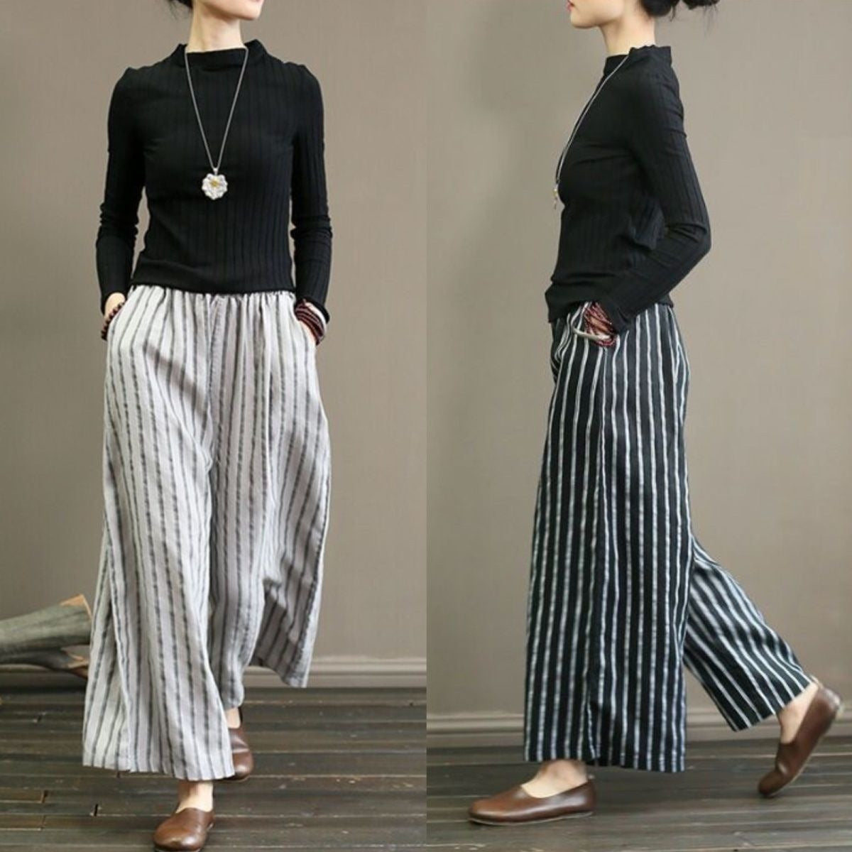Damenmode: Weite gestreifte Leinenhosen in Grau und Schwarz, kombiniert mit schwarzem Langarmshirt. Stilvoll, bequem, lässig, modern.