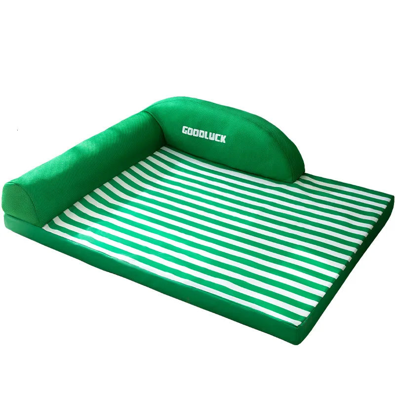 Grünes Hundebett mit Streifen, orthopädisch, waschbar, bequem, für Haustiere.