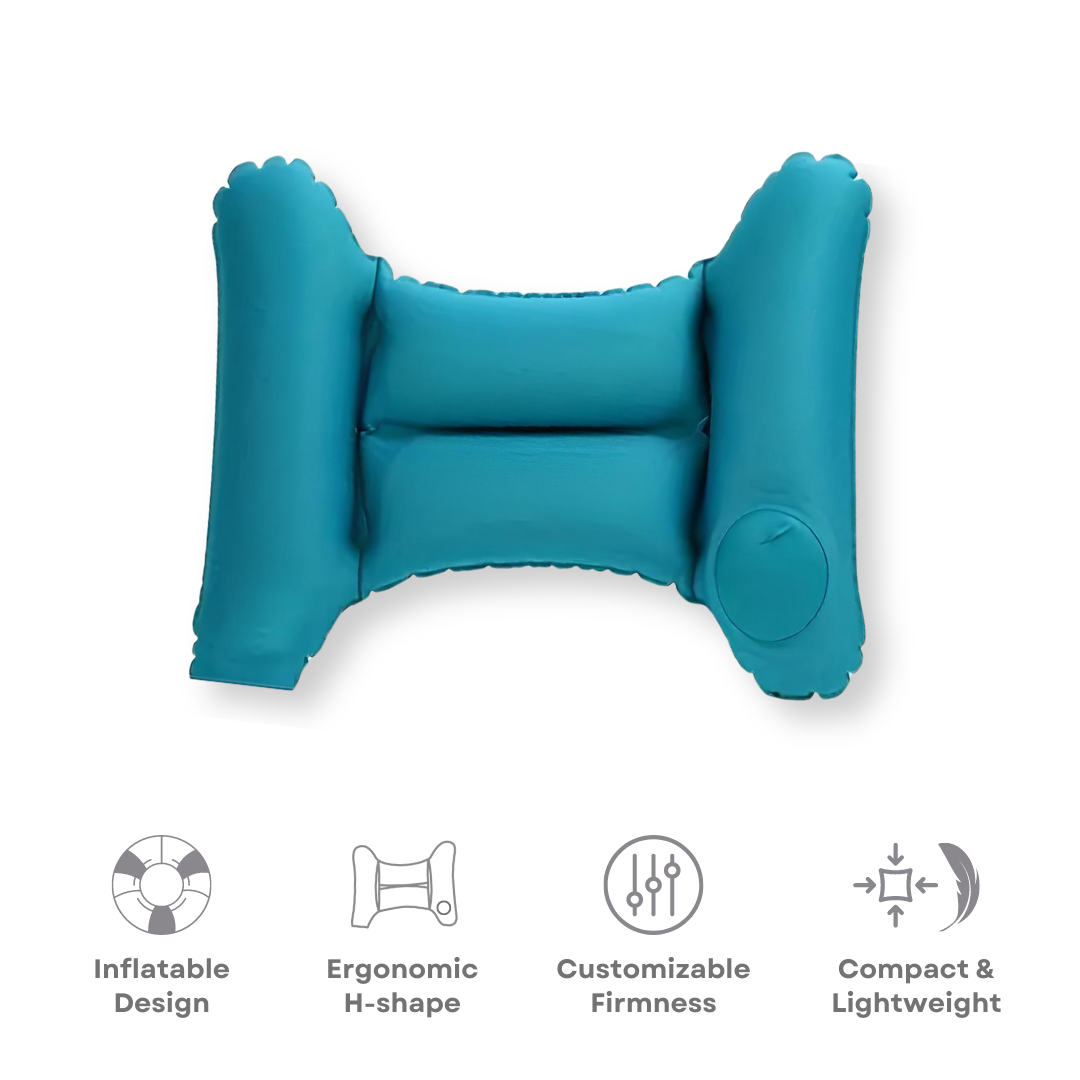 Aufblasbares ergonomisches Reisekissen, blau, H-Form, verstellbare Festigkeit, kompakt.