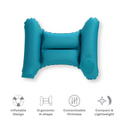Aufblasbares ergonomisches Reisekissen, blau, H-Form, verstellbare Festigkeit, kompakt.