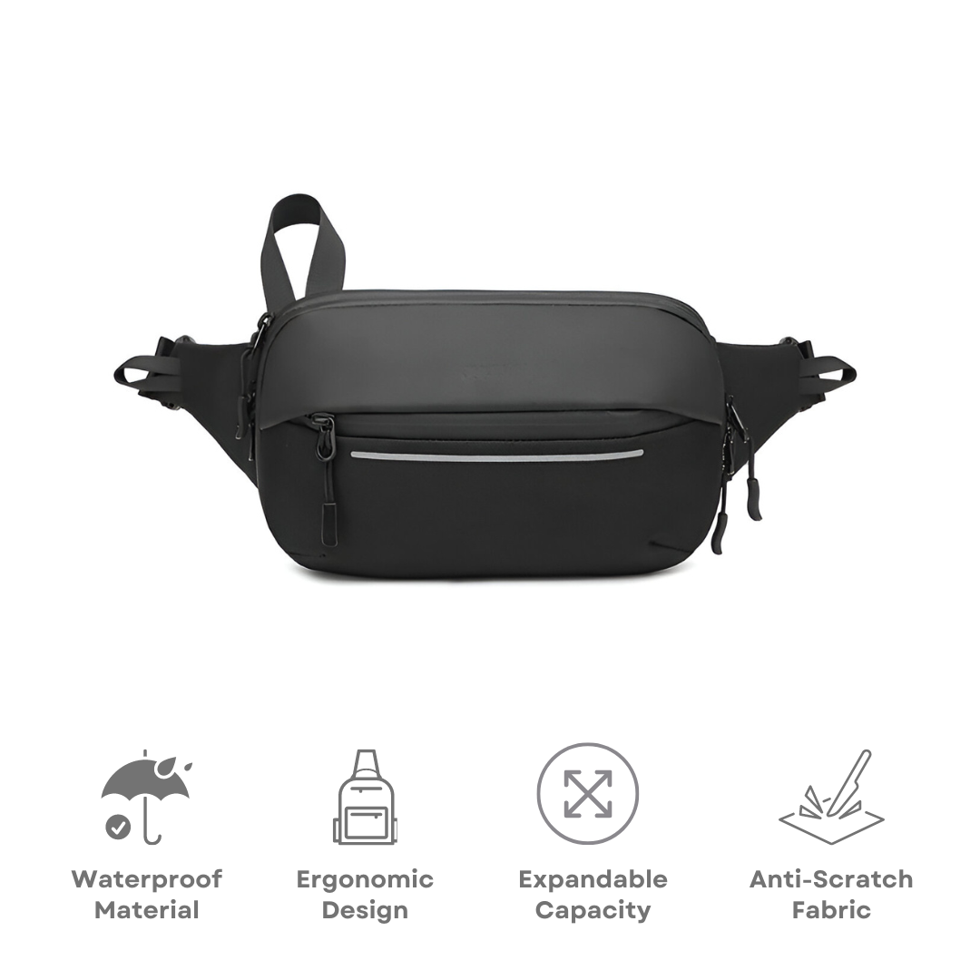 Schwarze, diebstahlsichere Sling-Tasche, wasserdicht, ergonomisch, erweiterbar, kratzfest.