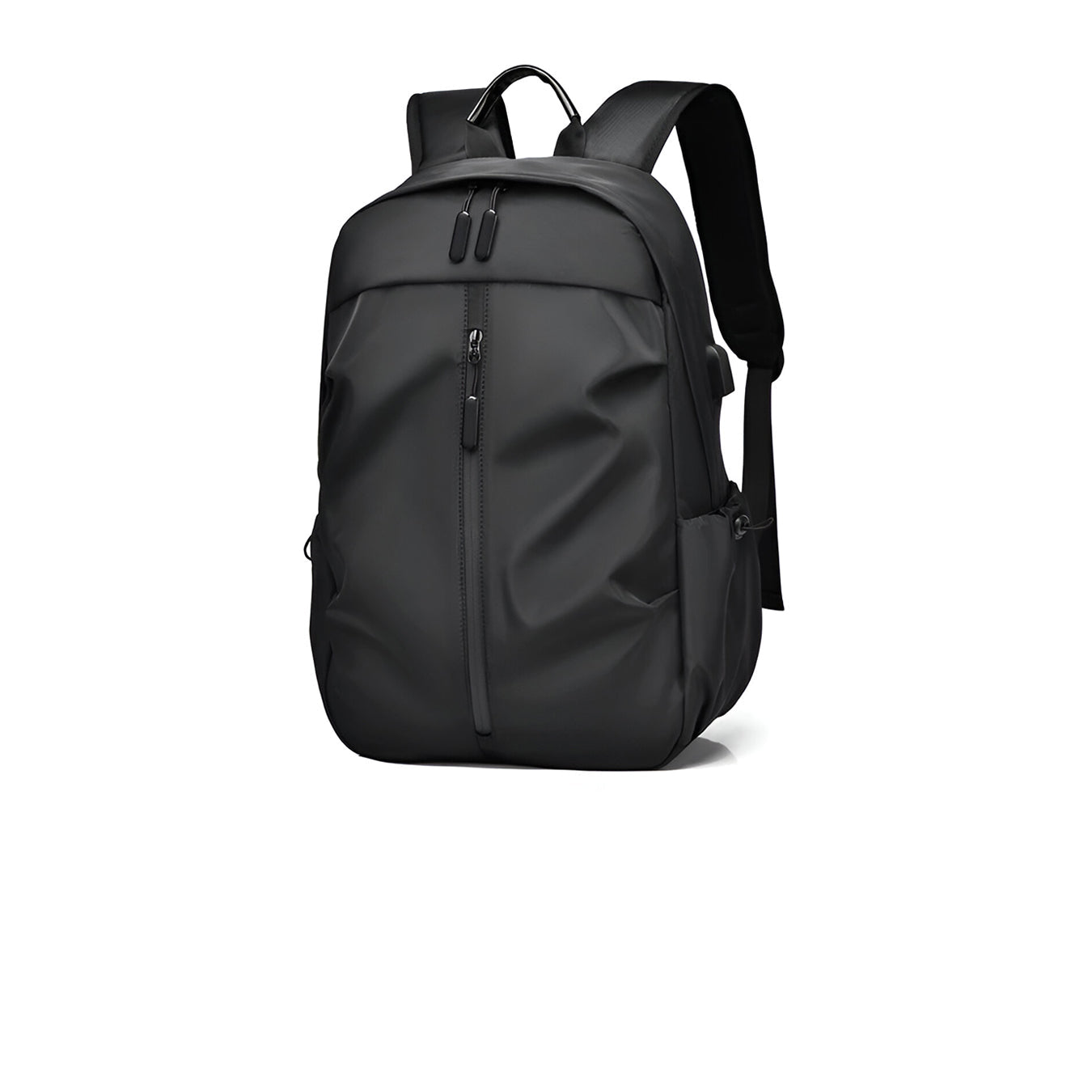 Schwarzer, wasserfester Rucksack mit USB-Ladeanschluss und mehreren Taschen für Reisen.