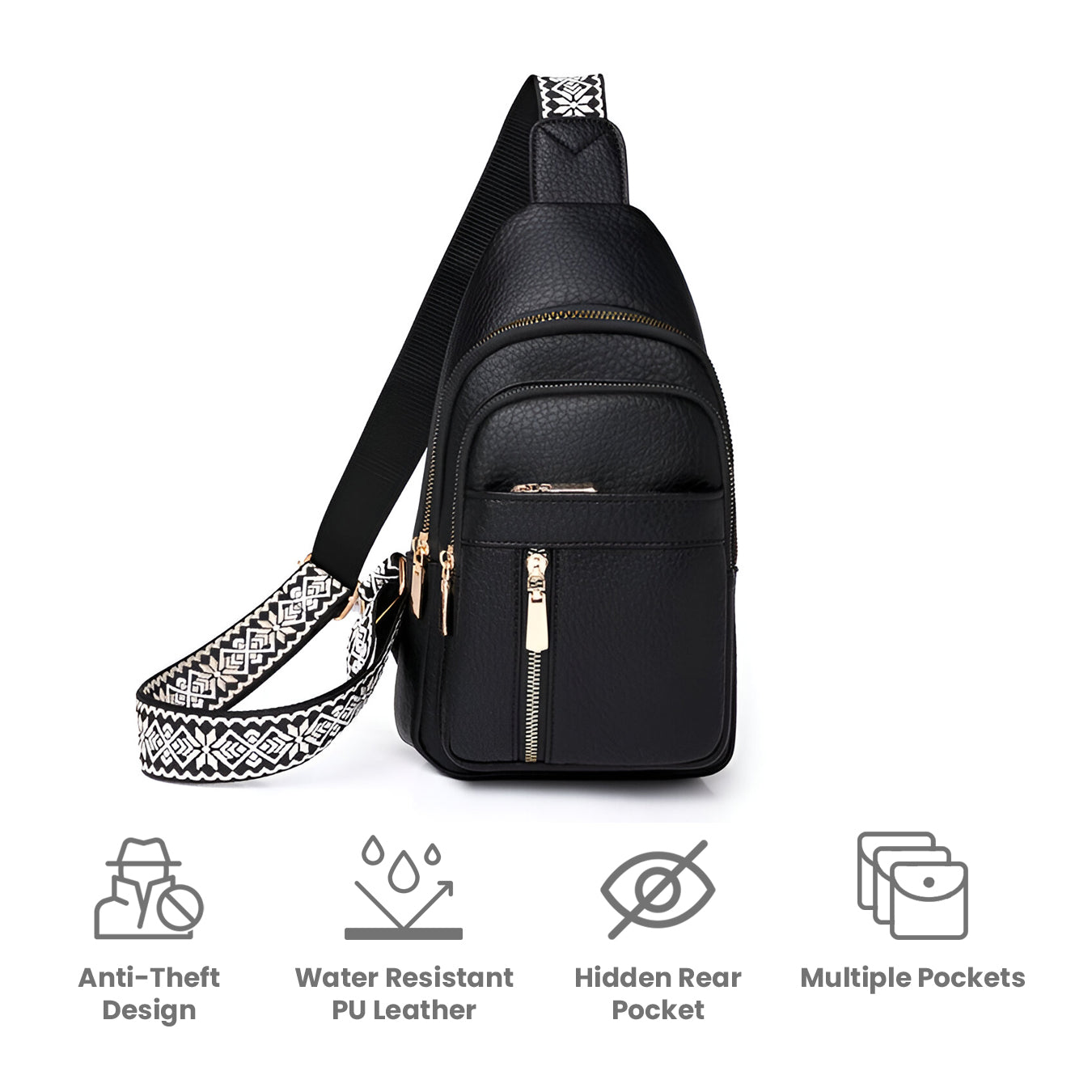 Schwarze, wasserabweisende PU-Leder-Umhängetasche mit Diebstahlschutz und mehreren Taschen.