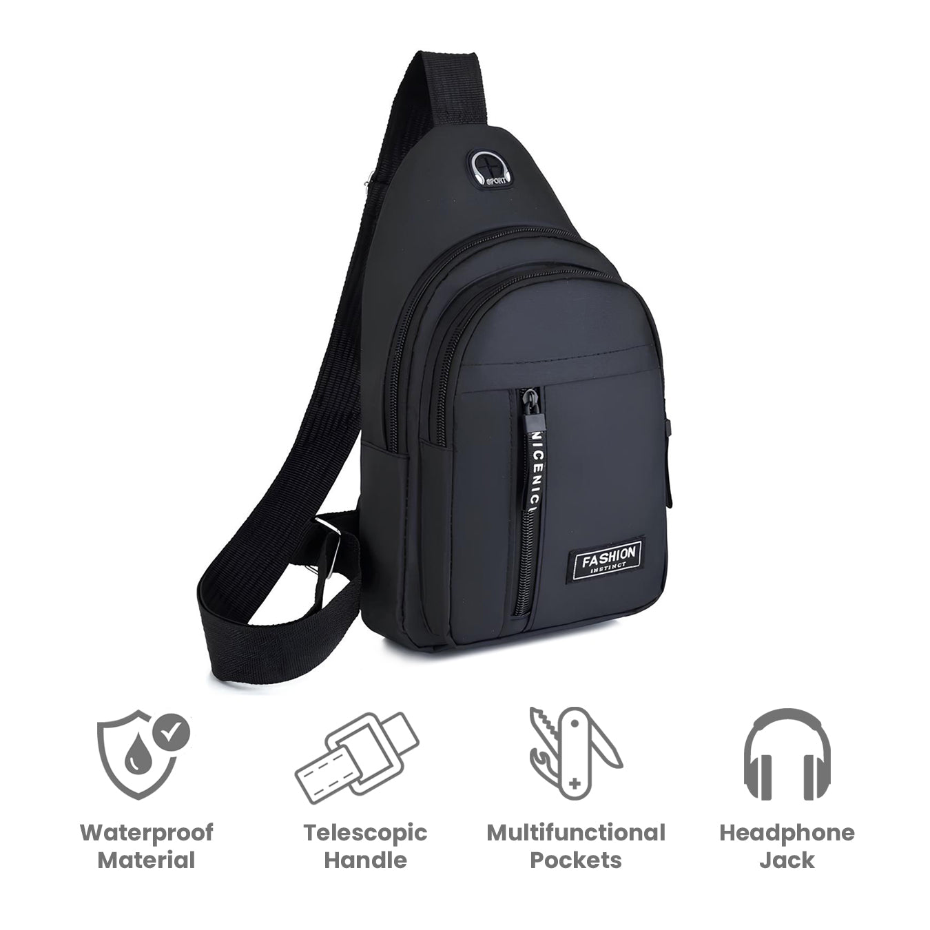 Schwarze Umhängetasche, wasserdicht, mit Kopfhöreranschluss und multifunktionalen Taschen.