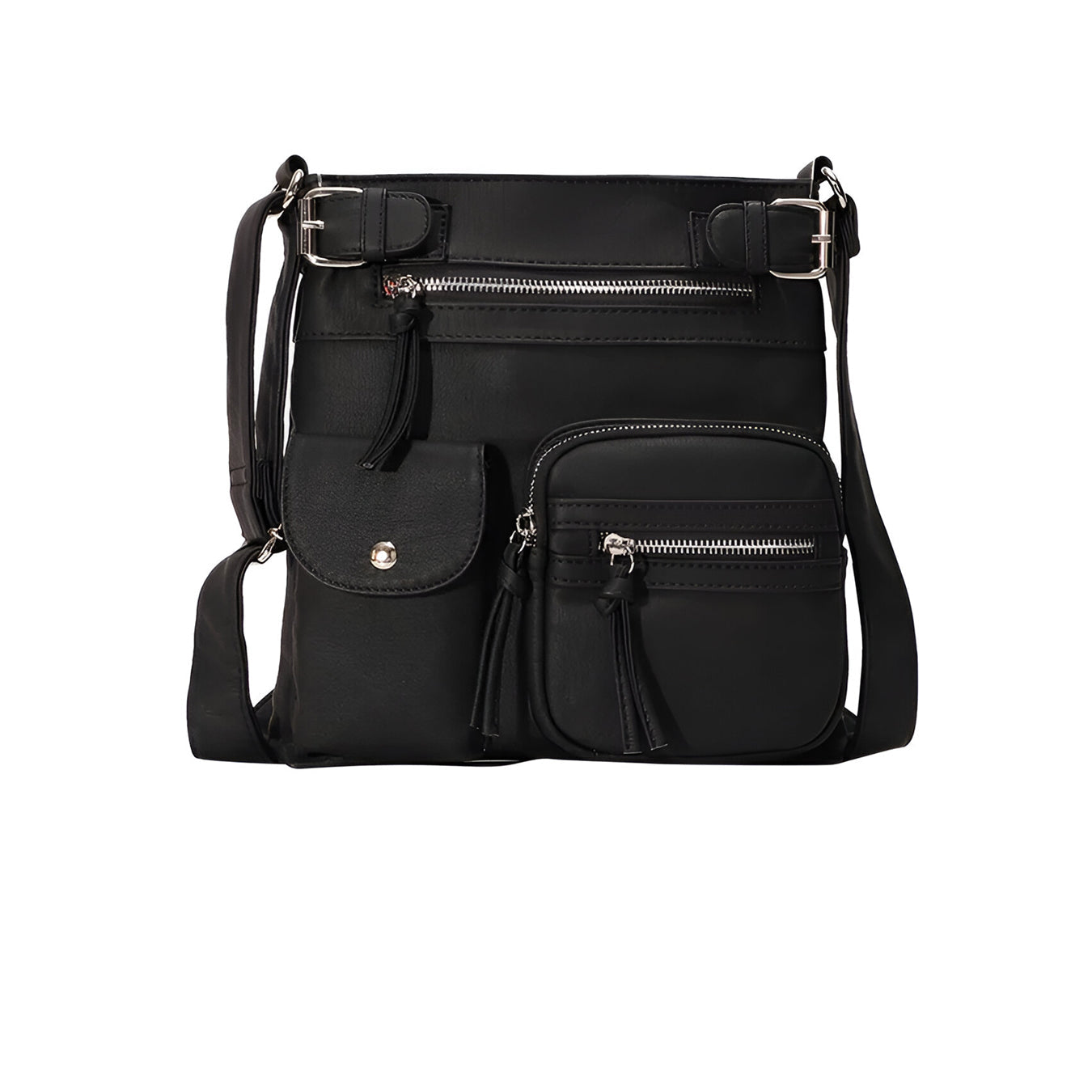 Schwarze Damen-Umhängetasche aus veganem Leder mit mehreren Taschen, wasserfest.