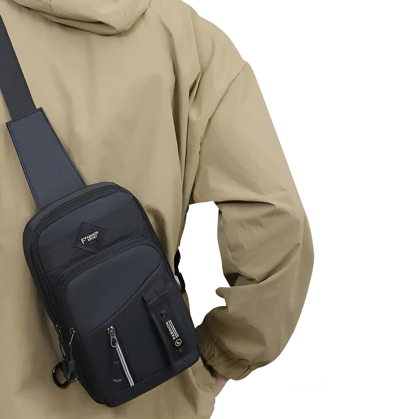Schwarze Anti-Diebstahl-Brusttasche für Herren, wasserdicht, mit Reißverschluss, verstellbarer Gurt.