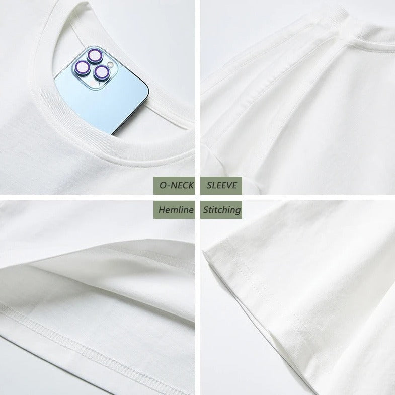 Weiße T-Shirt-Details: O-Ausschnitt, Ärmel, Saum, Nähte. Hochwertige Baumwolle, minimalistisches Design, ideal für lässige Mode.