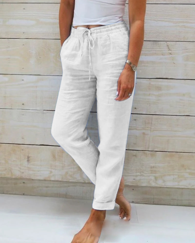 Weiße Leinenhose Damen, lässig, bequem, mit Kordelzug, Sommermode, Freizeitkleidung.