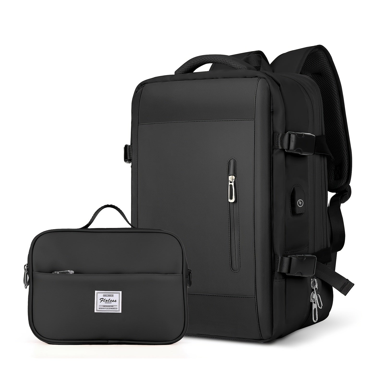 Schwarzer Laptop-Rucksack mit USB-Anschluss und passender Tasche, ideal für Reisen und Business. Wasserabweisend, stilvoll und funktional.