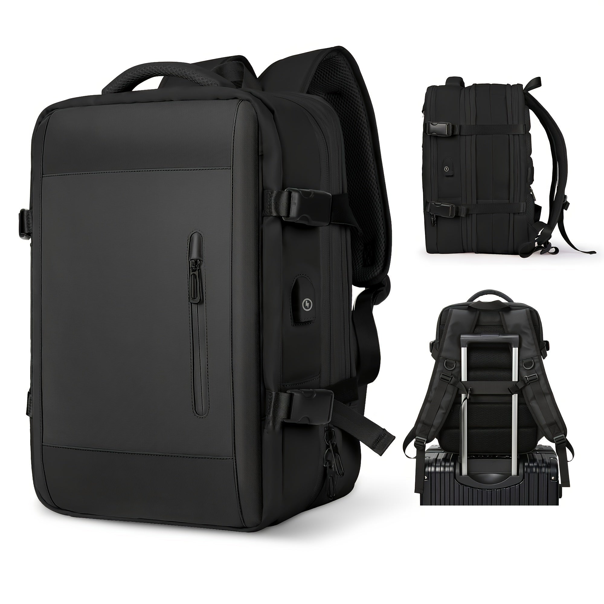 Schwarzer, multifunktionaler Laptop-Rucksack mit USB-Anschluss, ideal für Reisen und Business. Wasserabweisend, ergonomisch, mit vielen Fächern.