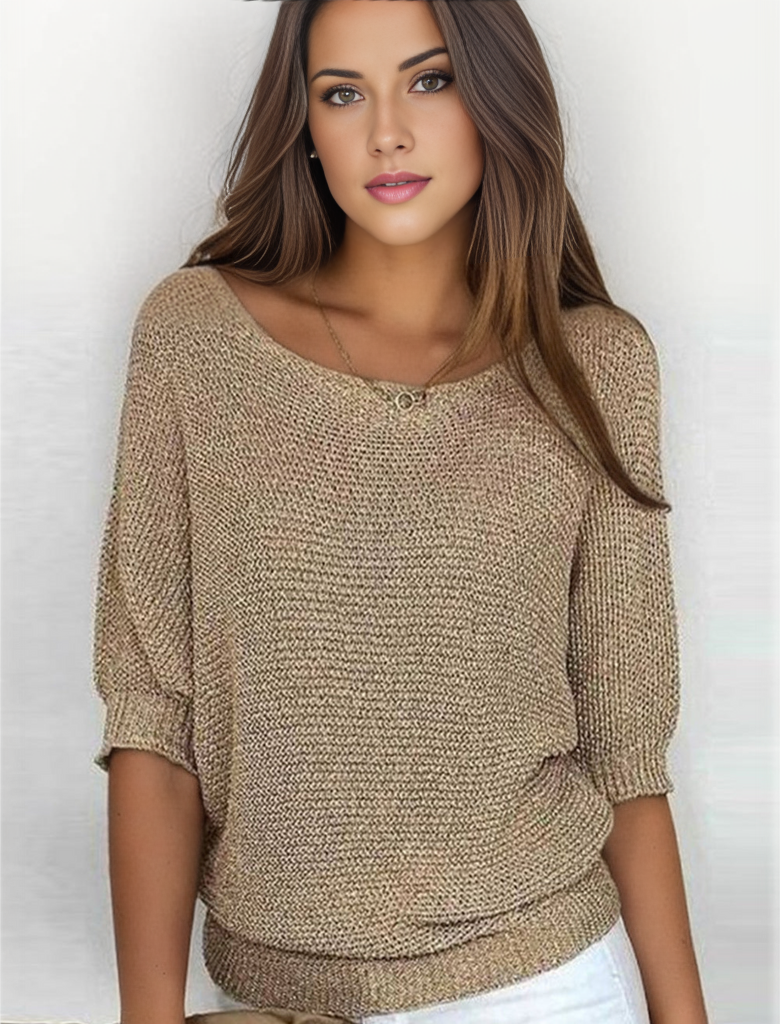 Damenpullover in Beige, Strickoptik, lässiger Schnitt, 3/4-Ärmel, ideal für Herbstmode. Perfekt kombinierbar mit Jeans oder Röcken.