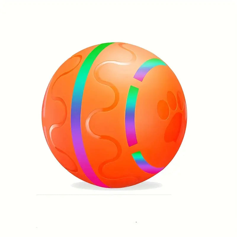 Oranger Hundespielball mit bunten Streifen, aus Gummi, ideal für interaktives Spielen.