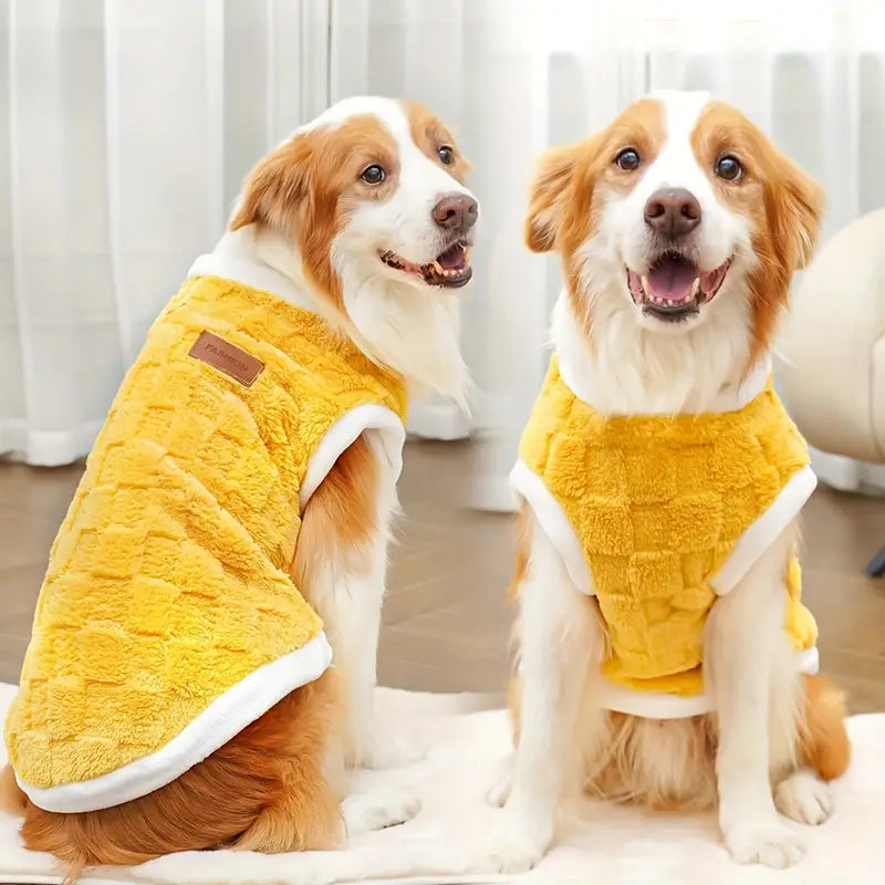 Zwei Hunde in gelben, flauschigen Hundemänteln sitzen auf Holzboden. Perfekte Haustiermode für kalte Tage. Hundebekleidung, Wintermantel.