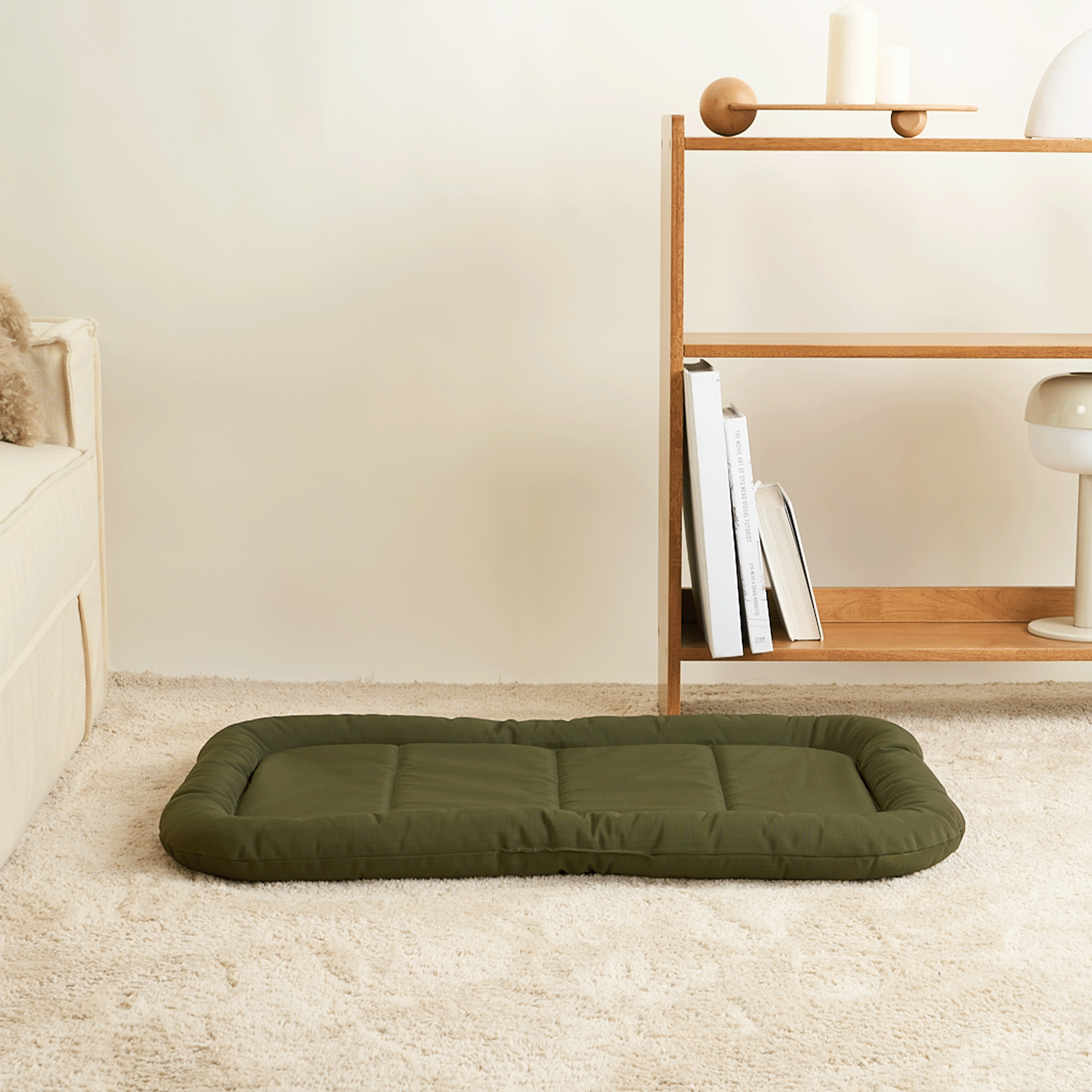 Grünes wasserdichtes Hundebett auf Teppich, modernes Design, ideal für Haustiere.