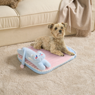 Kleiner Hund auf rosa-blauem Katzenbett, Plüschspielzeug, Wohnzimmer, gemütlich, Haustierbedarf.