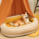 Hundebett Donutform beige, gemütlich, hochwertig, mit Hund, ideal für Haustierkomfort.