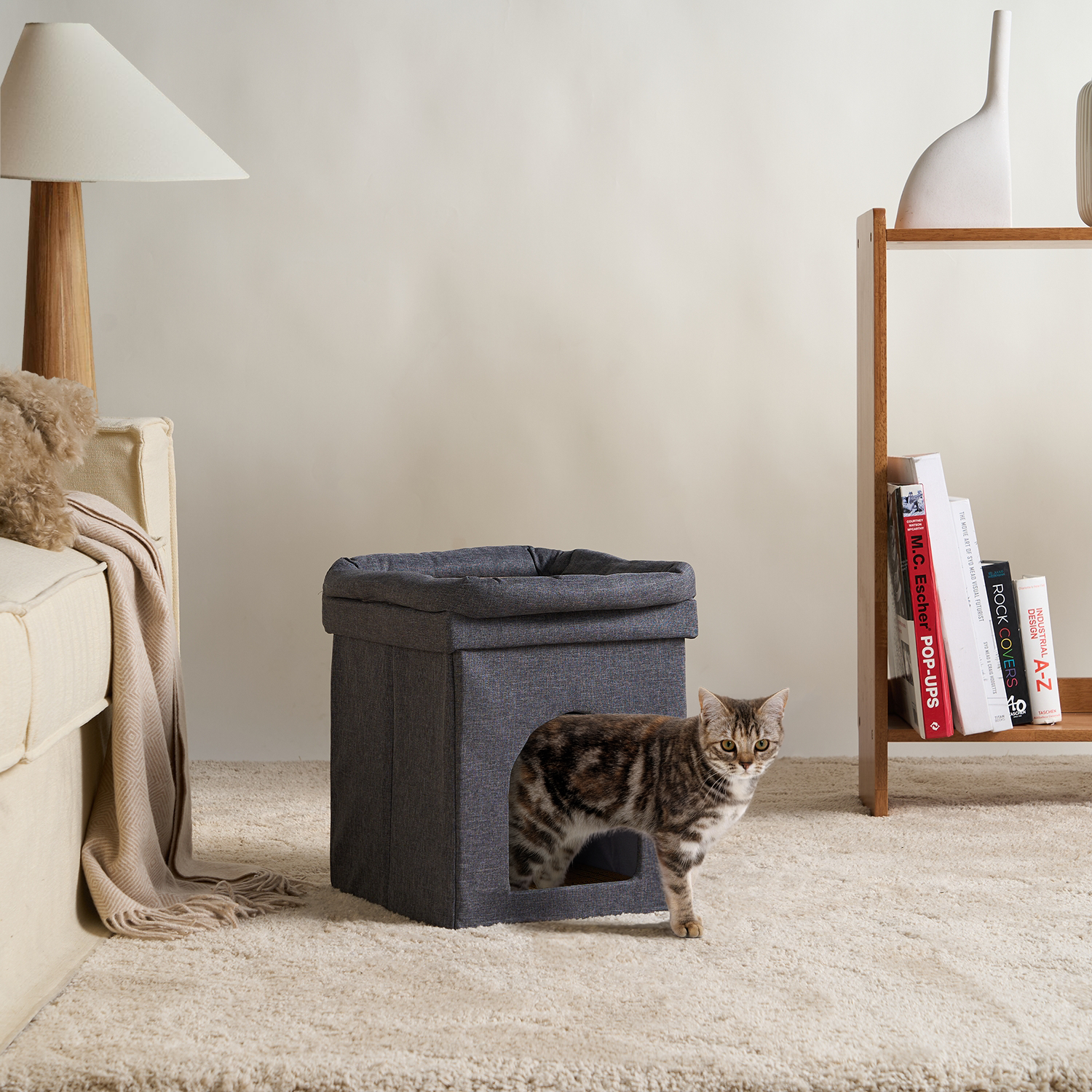 Katzenhöhle faltbar grau, gemütlich, modernes Design, idealer Rückzugsort für Katzen im Wohnzimmer.