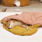 Hund schläft auf gelber und rosa Haustiermatte, gemütliche Hundedecke, Haustierzubehör.