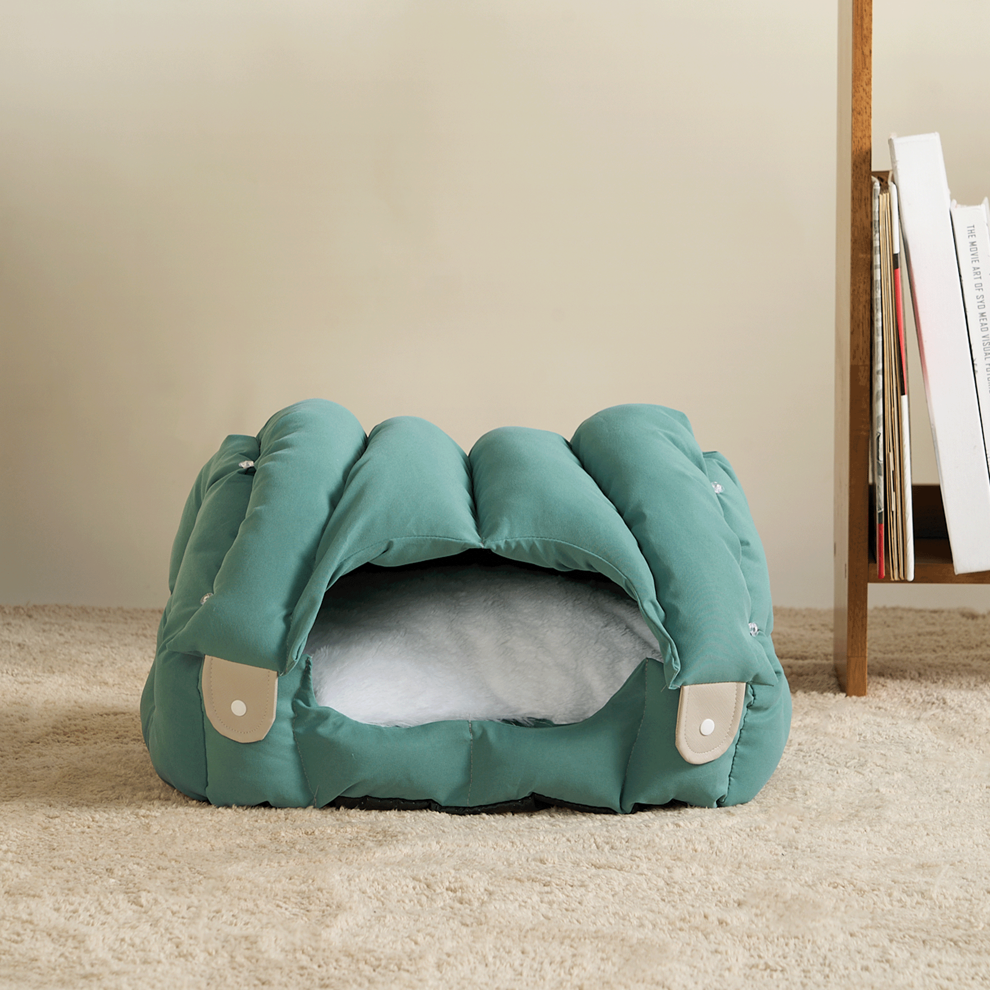 Grünes Katzenbett aus Stoff, gemütlich, modern, auf Teppich, ideal für Haustiere.
