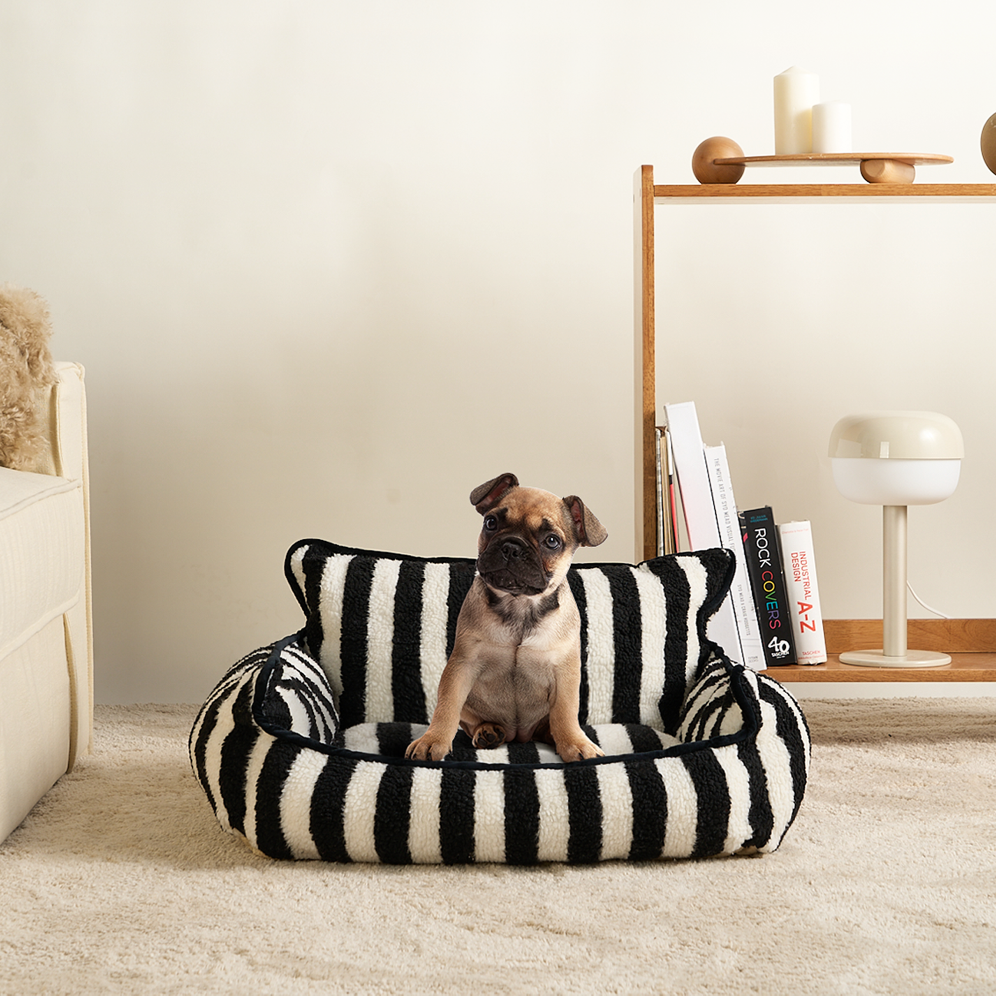 Gestreiftes Hundebett mit Welpe, schwarz-weiß, gemütlich, Wohnzimmer, modernes Design.