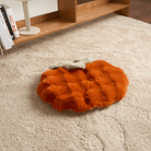 Orangefarbene, flauschige Schlafmatte auf beigem Teppich, modernes Design, gemütliche Wohnkultur.
