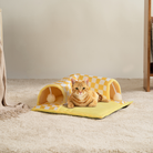 Gelber Katzentunnel mit kariertem Muster auf Teppich, idealer Rückzugsort für Katzen.
