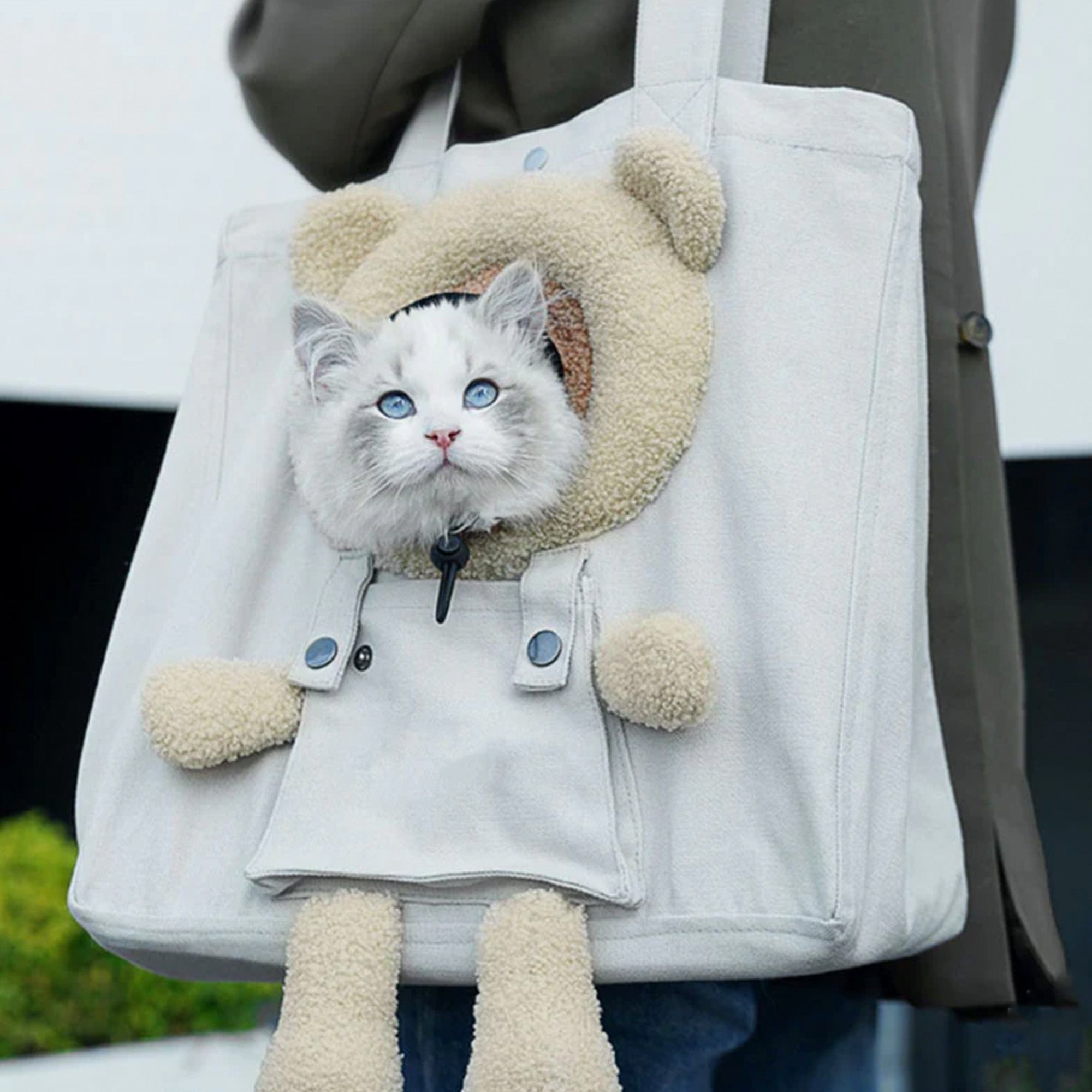 Tragetasche für Haustiere, tragbar, atmungsaktiv, Designer, beige, mit Plüschkatze.