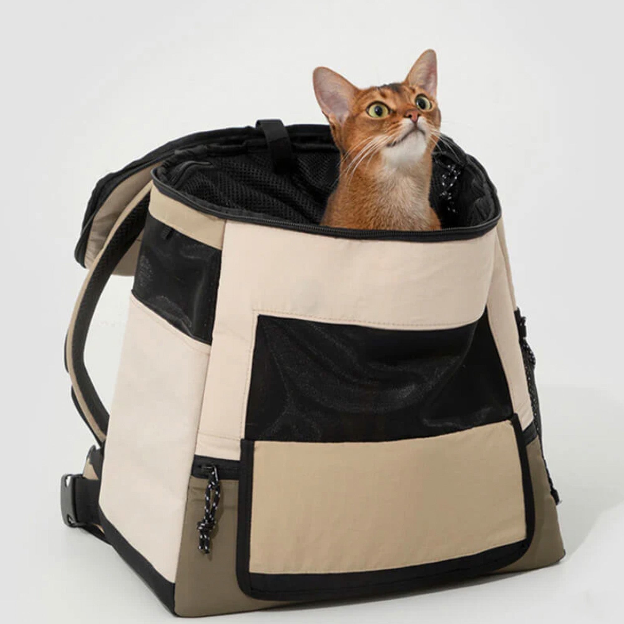 Wasserdichter Katzenrucksack, tragbare Outdoor-Tasche, beige-schwarz, Haustiertransport.