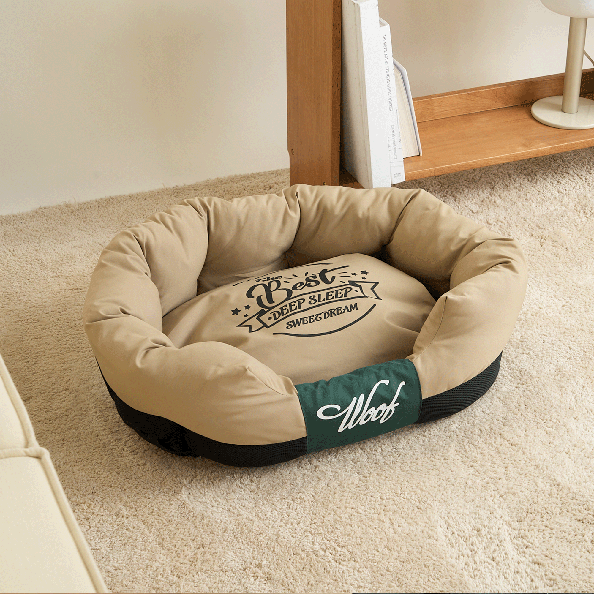 Wasserfestes Hundebett, beige, runde Form, gemütlich, ideal für Haustiere, pflegeleicht.