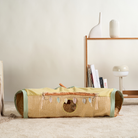 Katzentunnel faltbar beige, Spielzeug für Katzen, mit Blättermuster, ideal für drinnen.