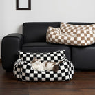Schwarz-weiß kariertes Hundesofa, waschbar, auf schwarzem Ledersofa, modernes Design.