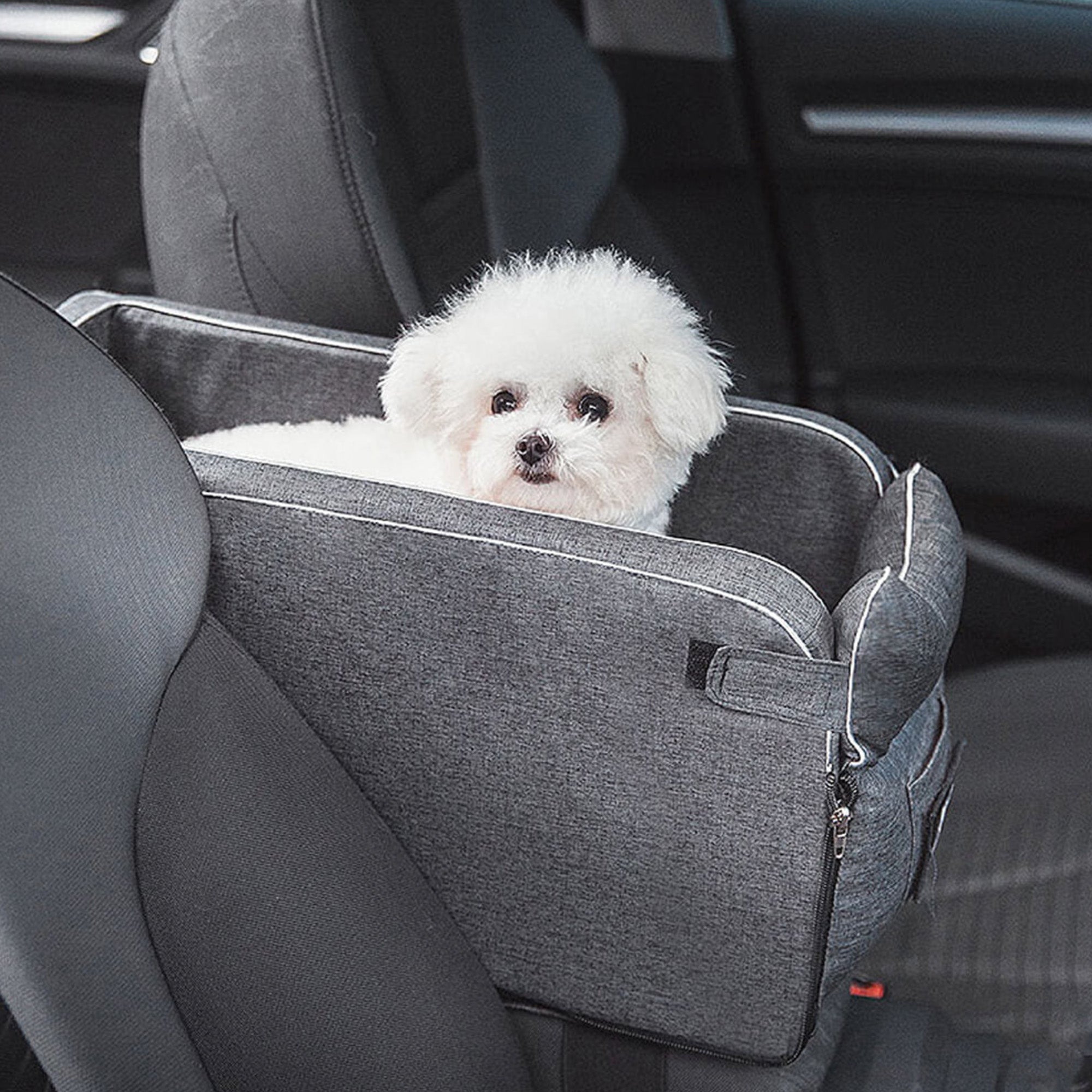 Grauer Autositzt für Haustiere aus Wildleder mit kleinem weißen Hund im Inneren.