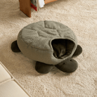 Schildkrötenförmiges Haustierbett, grün, weich, gemütlich, auf Teppich, ideal für kleine Haustiere.