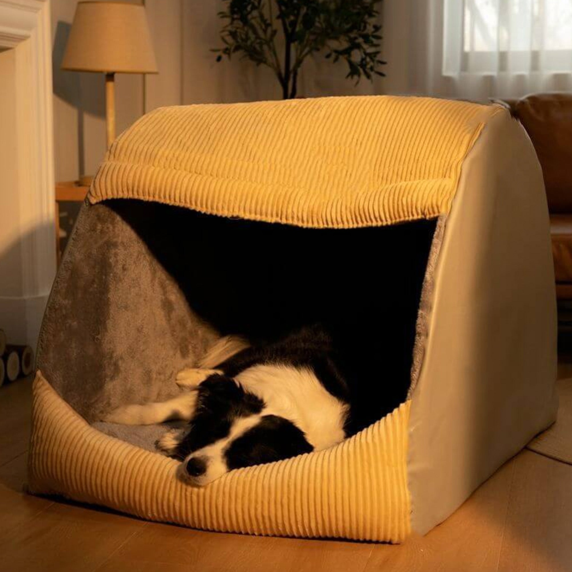 Großes, abnehmbares Hundebett aus warmem Flanell, halbgeschlossen, beige, mit schlafendem Hund.