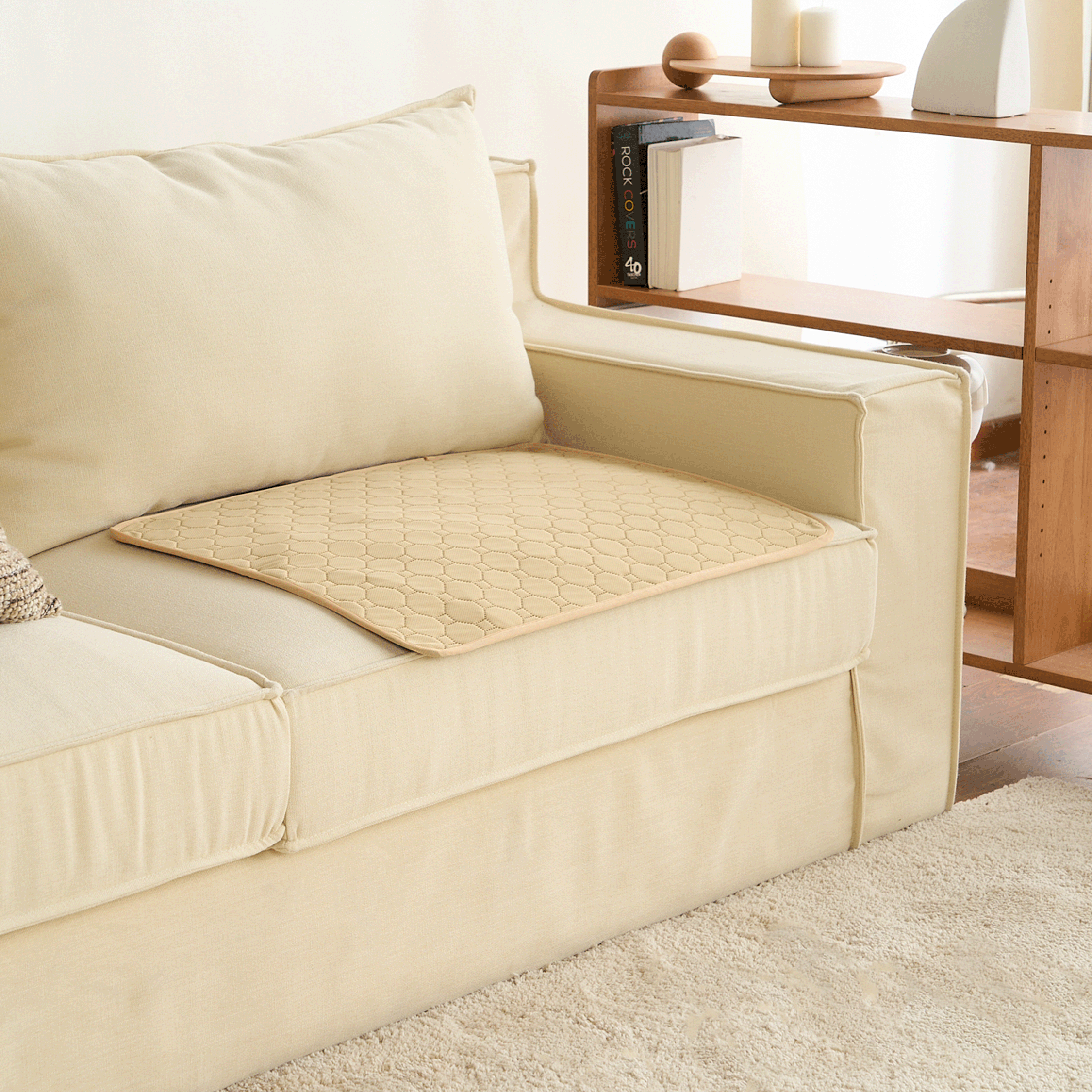Beige waschbare Hundematte auf cremefarbenem Sofa, rutschfest, ideal für Haustierpflege.