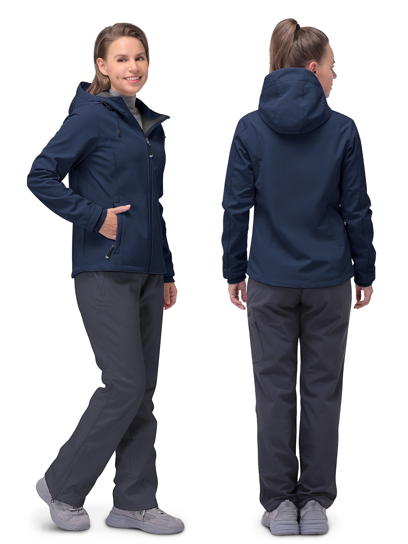 Damen-Softshelljacke in Dunkelblau, wasserabweisend, atmungsaktiv, mit Kapuze und Reißverschlusstaschen. Ideal für Outdoor-Aktivitäten.
