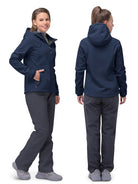 Damen-Softshelljacke in Dunkelblau, wasserabweisend, atmungsaktiv, mit Kapuze und Reißverschlusstaschen. Ideal für Outdoor-Aktivitäten.