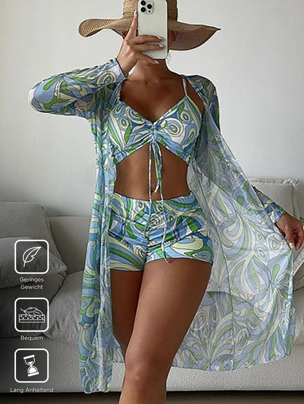 Damen-Badeanzug mit tropischem Muster, bestehend aus Bikini-Top, Shorts und transparentem Überwurf. Ideal für Strandmode, leicht und bequem.