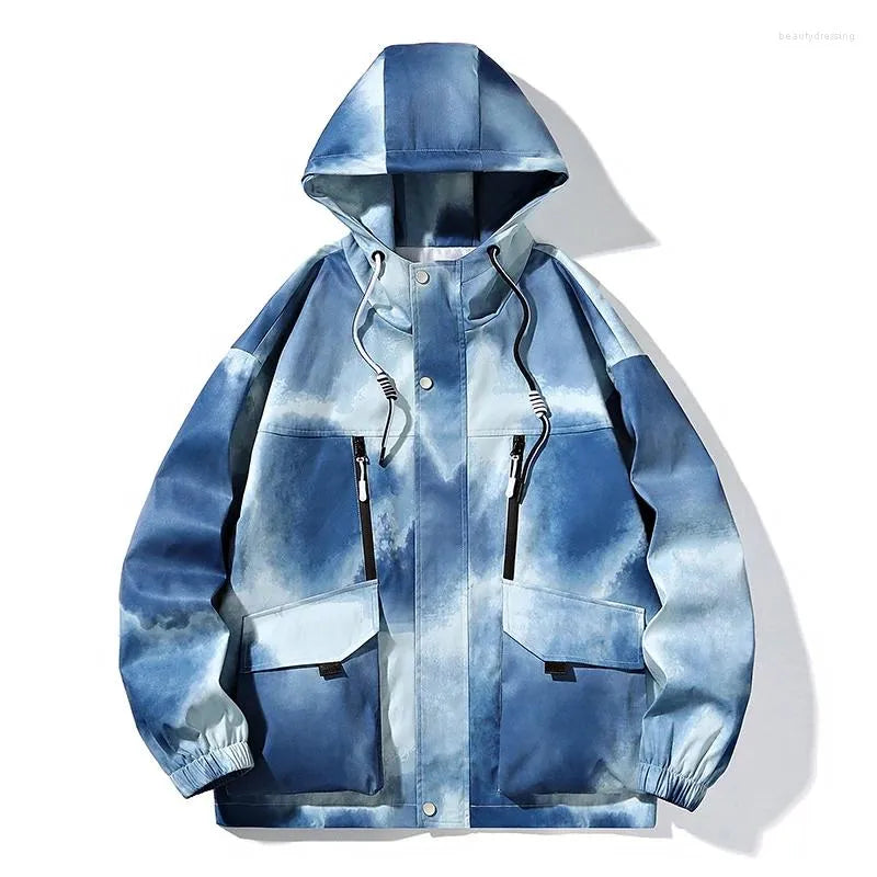 Blaue Regenjacke mit Kapuze, wasserabweisend, Unisex, Outdoor-Bekleidung, modisches Design.