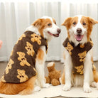 Zwei Hunde in flauschigen, braunen Pullovern mit Teddybär-Muster sitzen nebeneinander. Perfekte Haustiermode für kalte Tage.