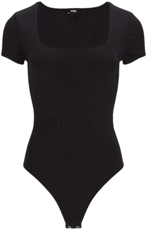 Schwarzer Damen-Body mit kurzen Ärmeln und quadratischem Ausschnitt. Perfekt für elegante Outfits. Hochwertige Mode, vielseitig kombinierbar.