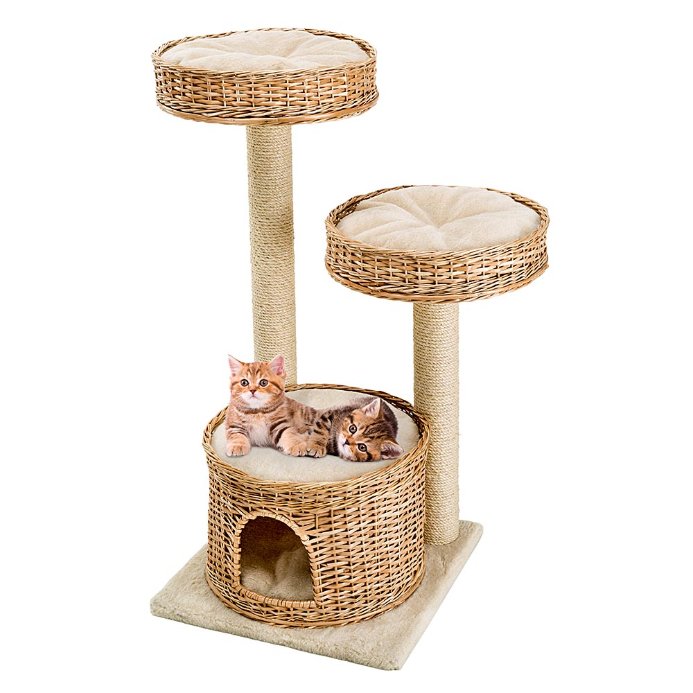 Kratzbaum für Katzen mit drei Ebenen, aus geflochtenem Rattan, inklusive weicher Liegeflächen und Höhle, ideal für Spiel und Entspannung.