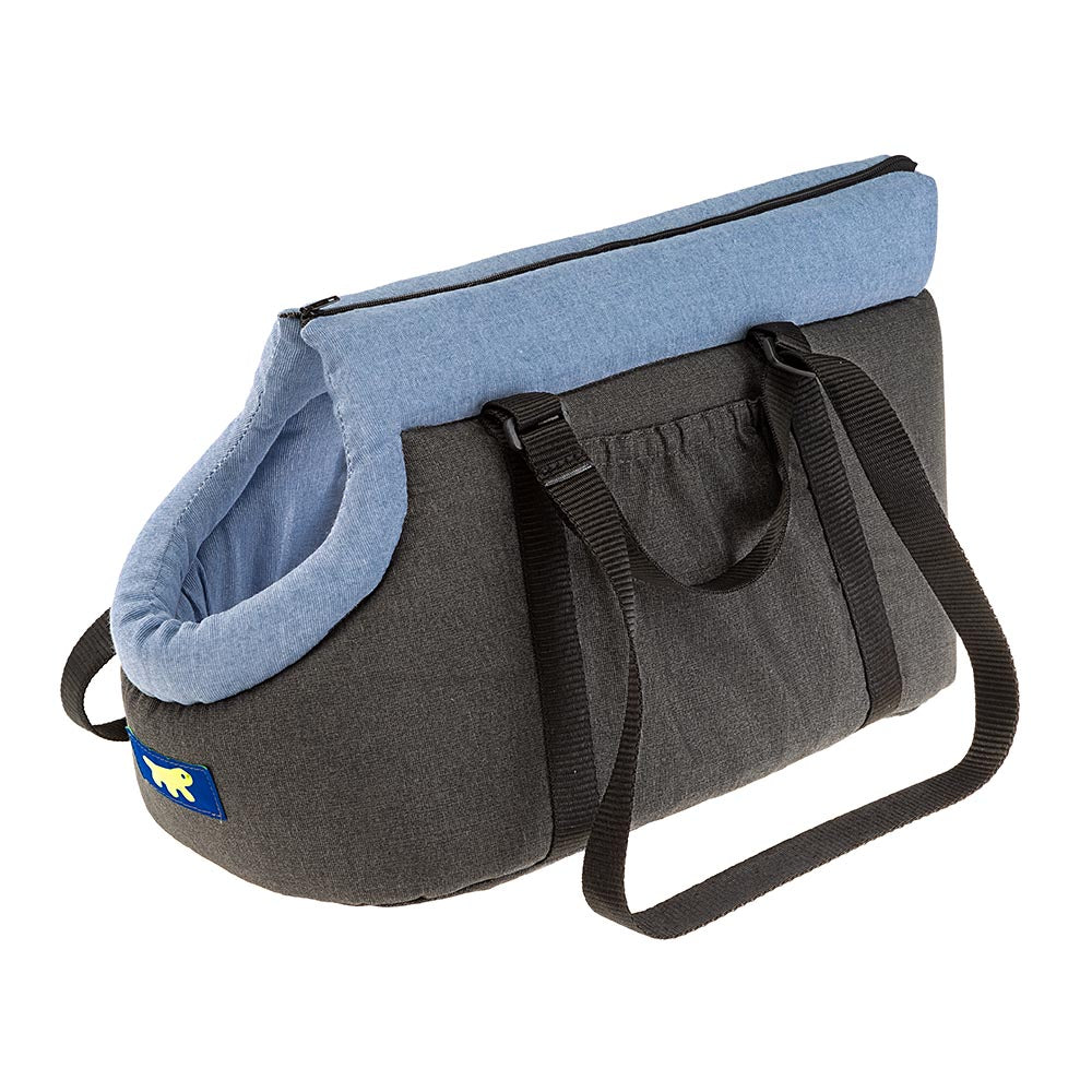 Tragetasche für Haustiere, grau-blau, mit Reißverschluss und Tragegriffen. Ideal für kleine Hunde oder Katzen. Komfortabel und praktisch.