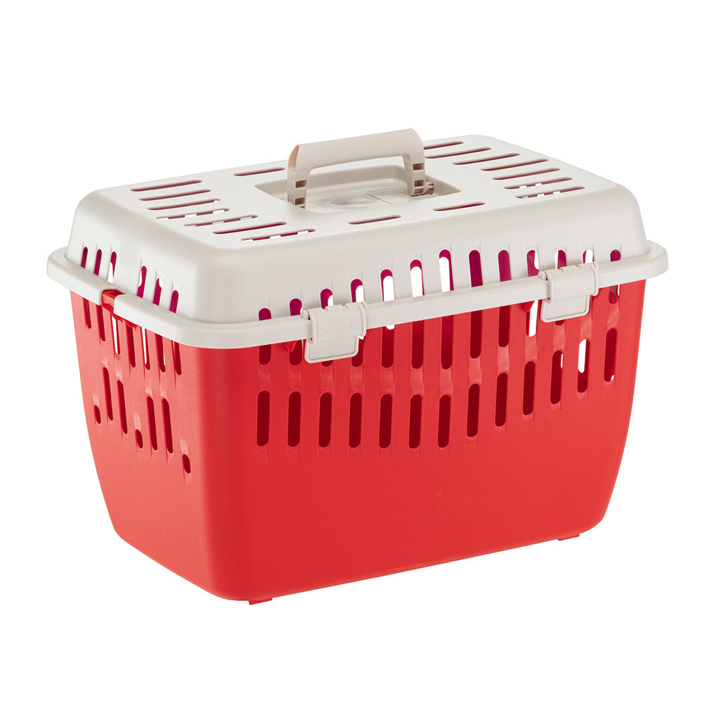Rote Transportbox für Haustiere aus robustem Kunststoff, ideal für Katzen und kleine Hunde. Belüftungsschlitze, Tragegriff, sicherer Verschluss.