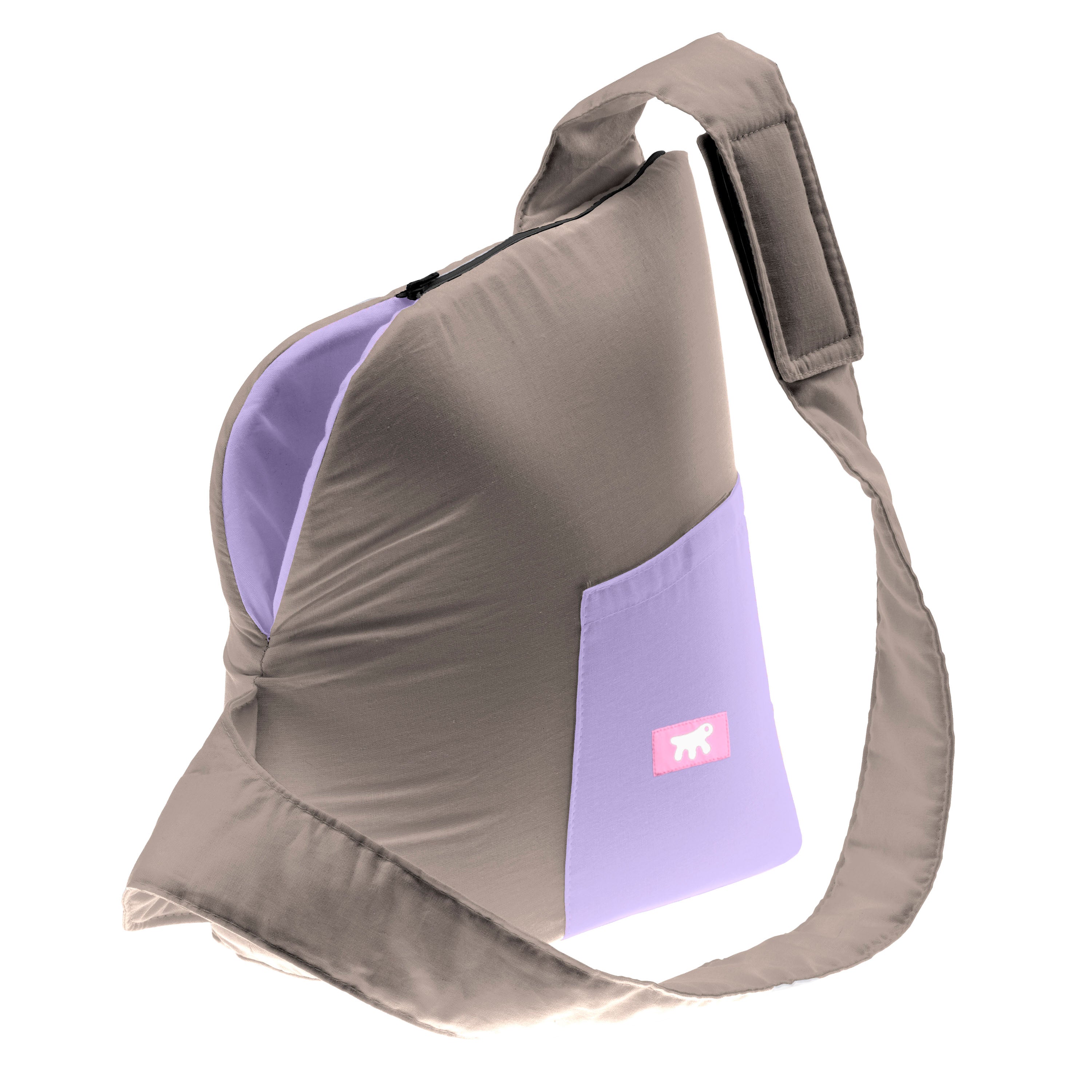Bequeme, ergonomische Babytrage in Beige und Lila mit verstellbarem Schultergurt. Ideal für Eltern, die Komfort und Stil suchen.