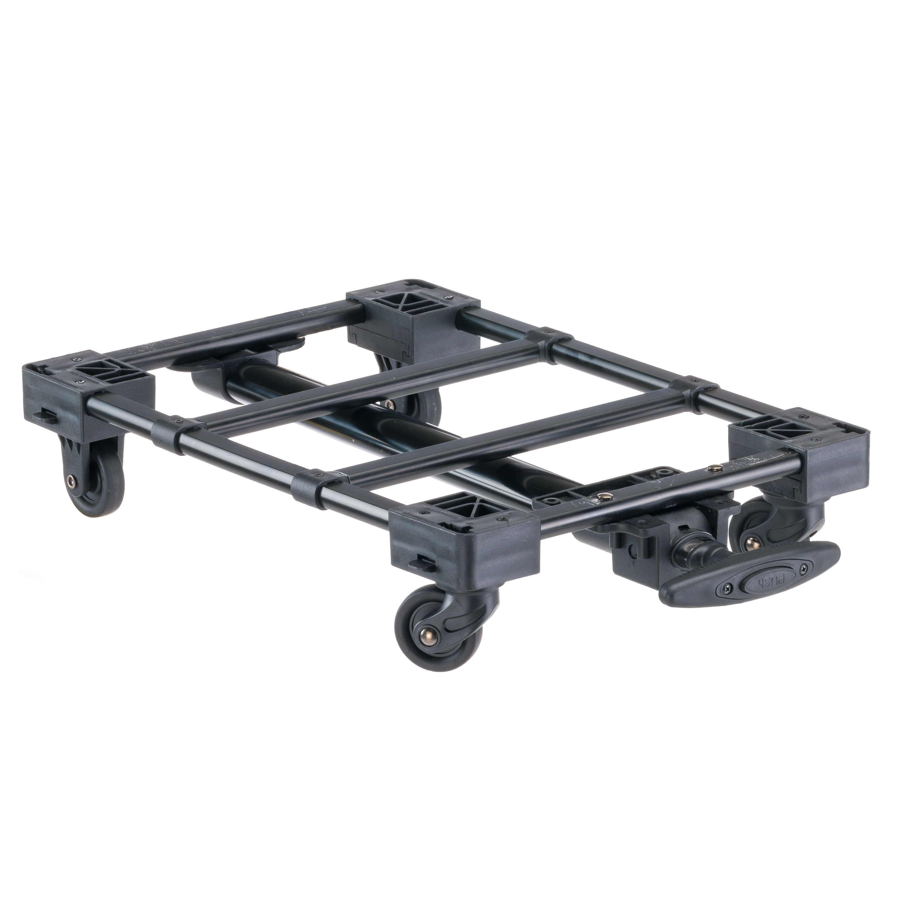 Schwarzer, robuster Transportwagen mit Rollen, ideal für den sicheren Transport von schweren Lasten. Praktisch, stabil und vielseitig einsetzbar.